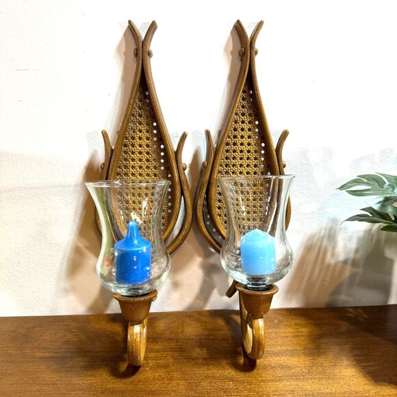 Vintage Mid Century Cane Woven Wood Wall Sconces Glass Hurricane Candle Holders - Picture 1 of 14